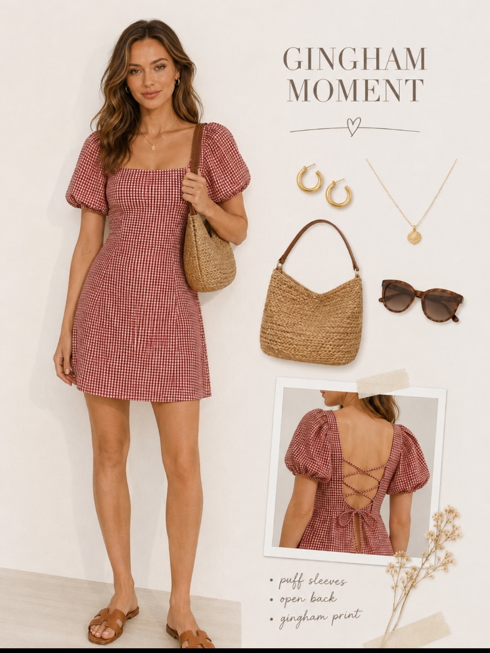 NWT LUSH Bardot Gingham Puff-Sleeve Mini Dress in Red Sz Medium